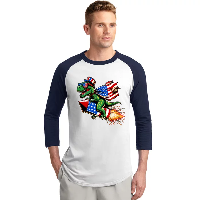 Patriotic T Rex Riding Firework 4th Of July Baseball Sleeve Shirt