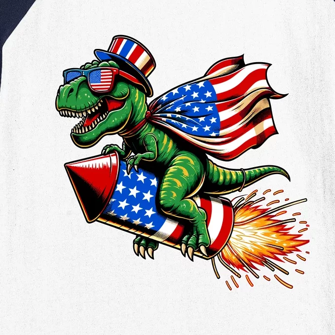 Patriotic T Rex Riding Firework 4th Of July Baseball Sleeve Shirt