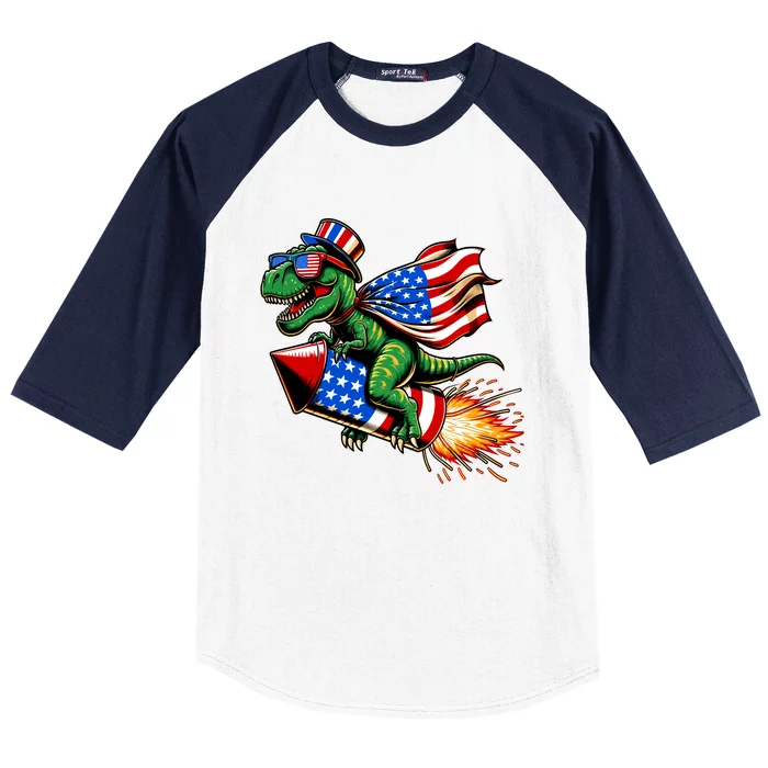 Patriotic T Rex Riding Firework 4th Of July Baseball Sleeve Shirt