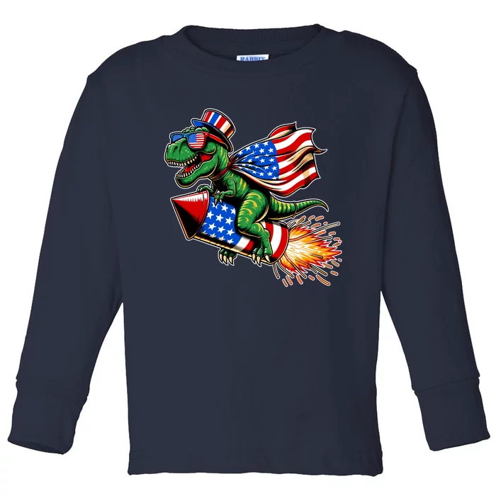 Patriotic T Rex Riding Firework 4th Of July Toddler Long Sleeve Shirt