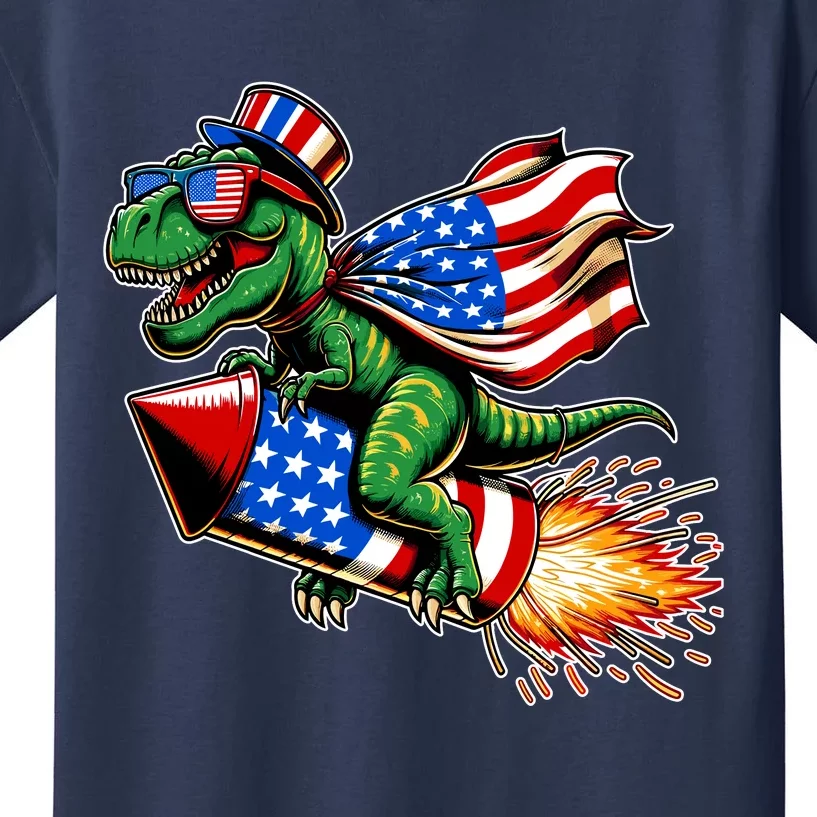 Patriotic T Rex Riding Firework 4th Of July Kids T-Shirt