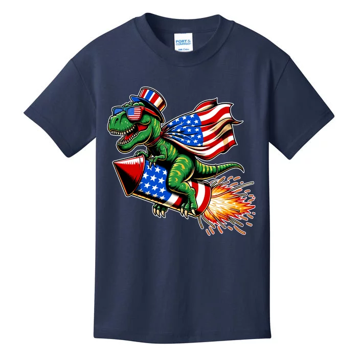 Patriotic T Rex Riding Firework 4th Of July Kids T-Shirt