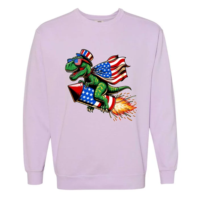 Patriotic T Rex Riding Firework 4th Of July Garment-Dyed Sweatshirt