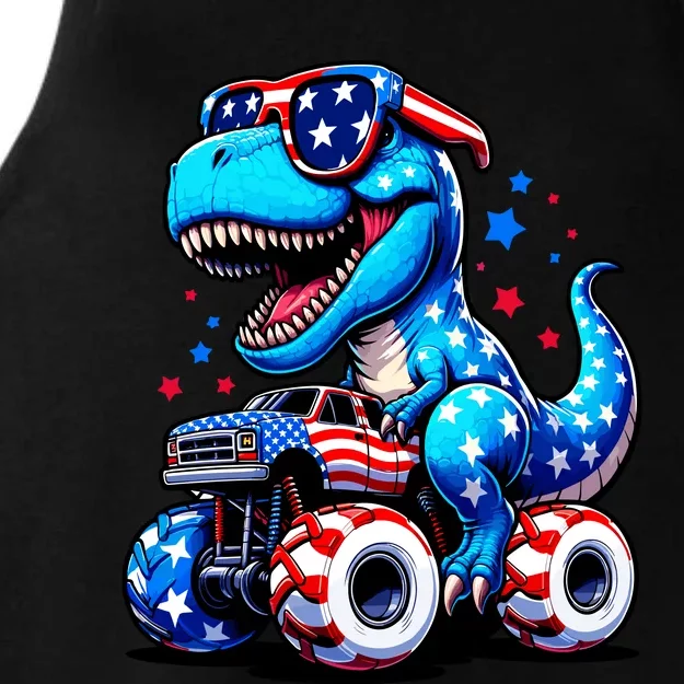 Patriotic T Rex Riding Monster Truck Ladies Tri-Blend Wicking Tank