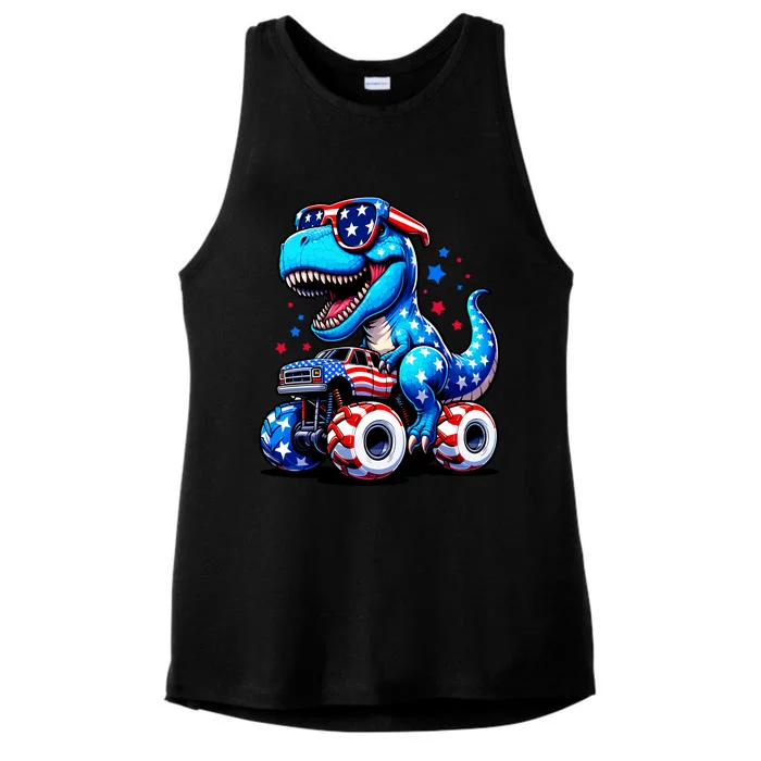 Patriotic T Rex Riding Monster Truck Ladies Tri-Blend Wicking Tank