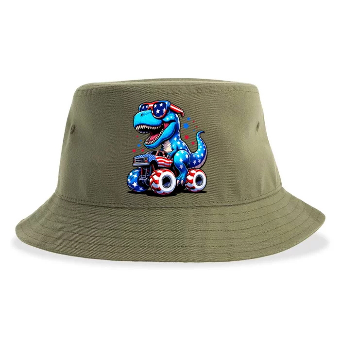 Patriotic T Rex Riding Monster Truck Sustainable Bucket Hat