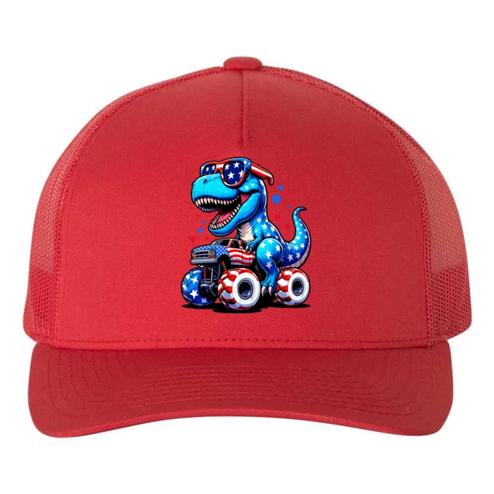 Patriotic T Rex Riding Monster Truck Yupoong Adult 5-Panel Trucker Hat