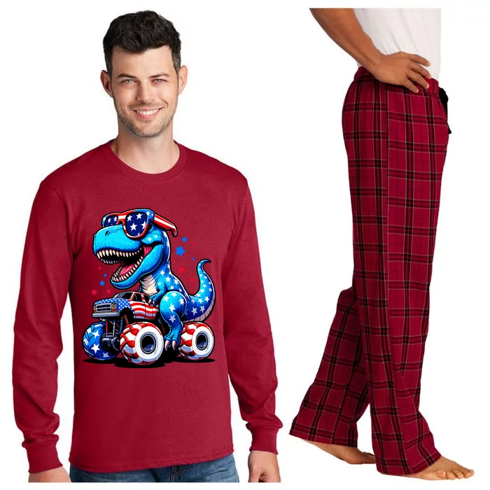 Patriotic T Rex Riding Monster Truck Long Sleeve Pajama Set