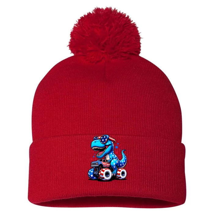 Patriotic T Rex Riding Monster Truck Pom Pom 12in Knit Beanie