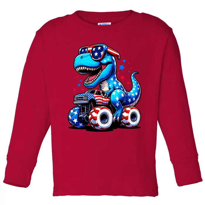 Patriotic T Rex Riding Monster Truck Toddler Long Sleeve Shirt