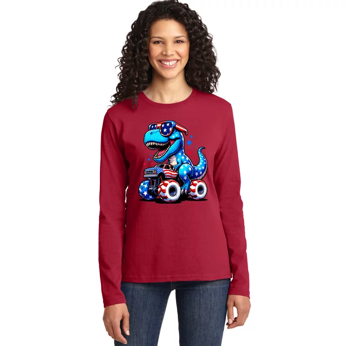 Patriotic T Rex Riding Monster Truck Ladies Long Sleeve Shirt