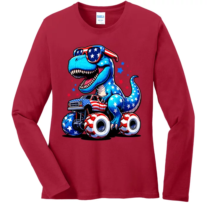 Patriotic T Rex Riding Monster Truck Ladies Long Sleeve Shirt