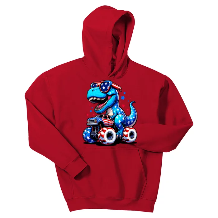 Patriotic T Rex Riding Monster Truck Kids Hoodie