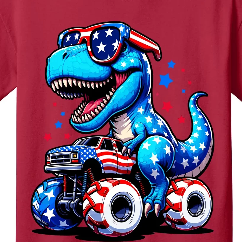 Patriotic T Rex Riding Monster Truck Kids T-Shirt