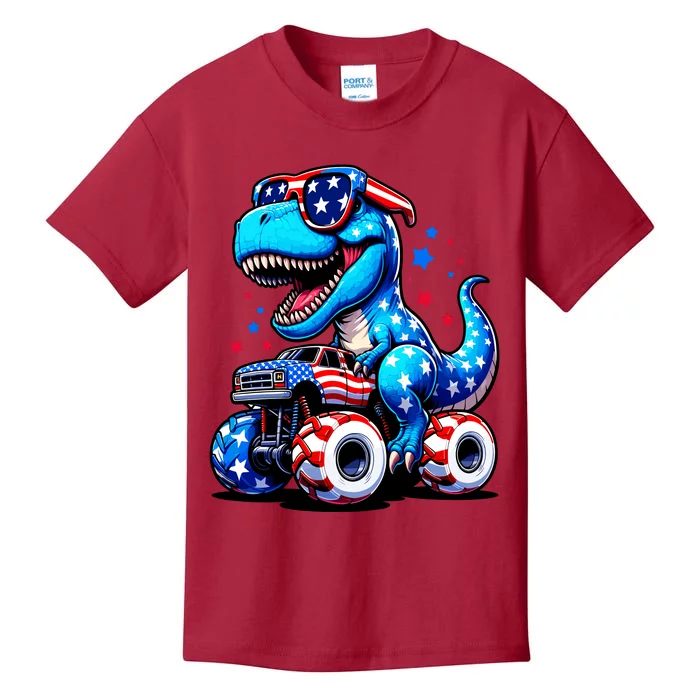 Patriotic T Rex Riding Monster Truck Kids T-Shirt