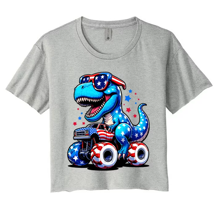 Patriotic T Rex Riding Monster Truck Women's Crop Top Tee