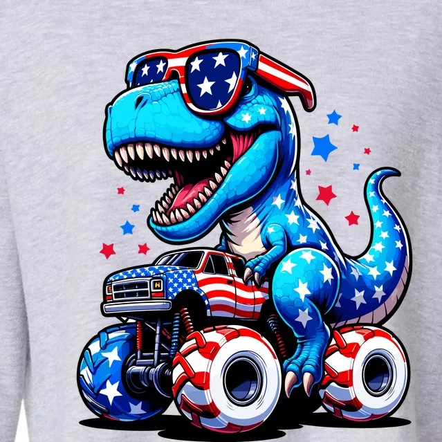 Patriotic T Rex Riding Monster Truck Cropped Pullover Crew