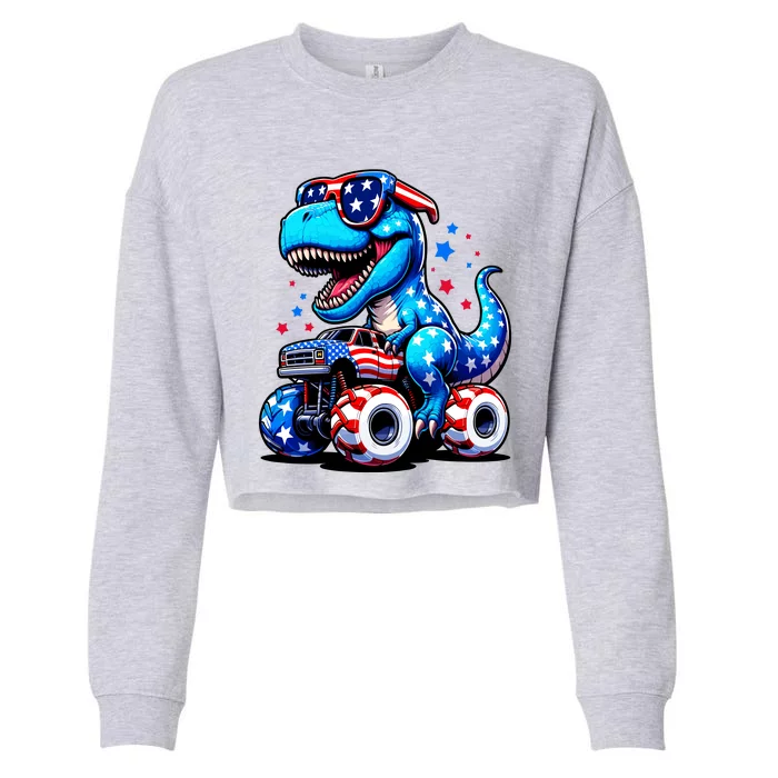 Patriotic T Rex Riding Monster Truck Cropped Pullover Crew