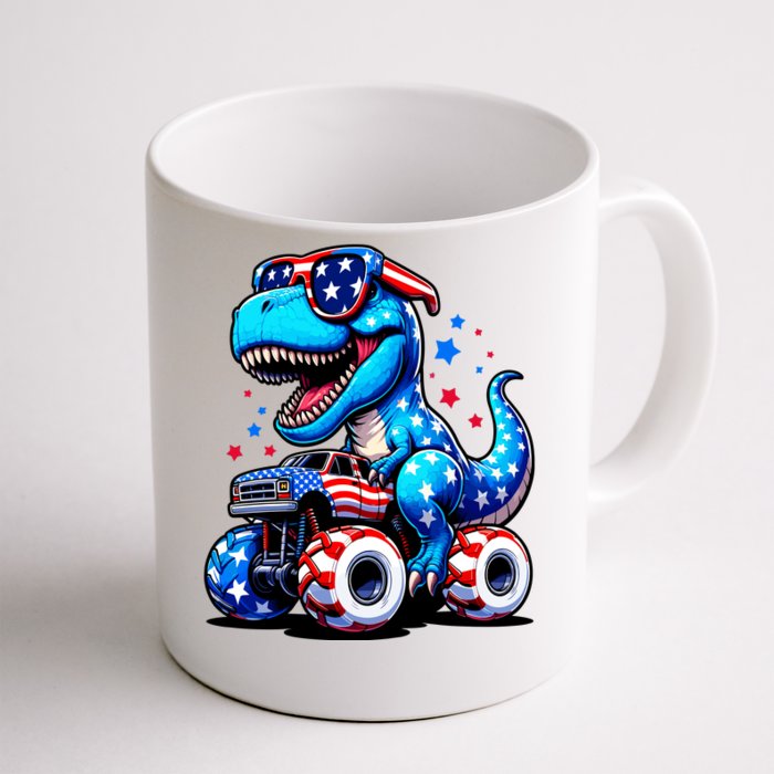 Patriotic T Rex Riding Monster Truck Front & Back Coffee Mug