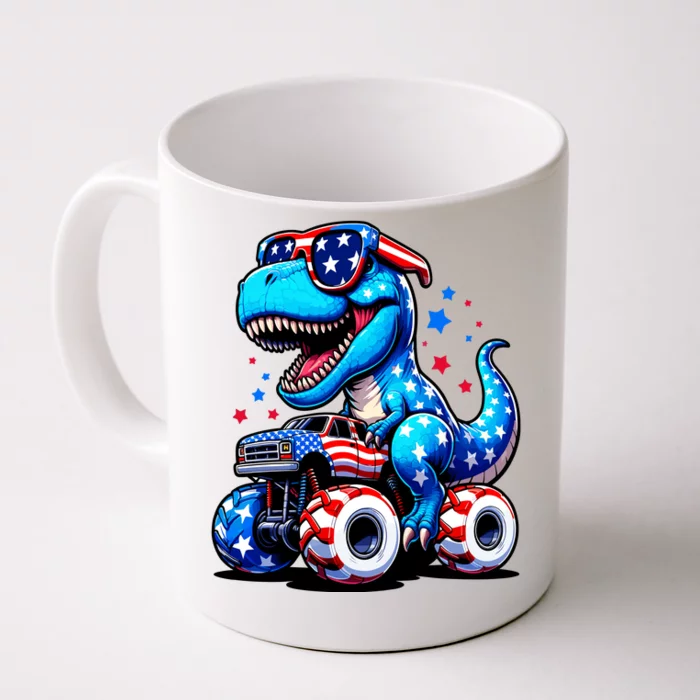 Patriotic T Rex Riding Monster Truck Front & Back Coffee Mug