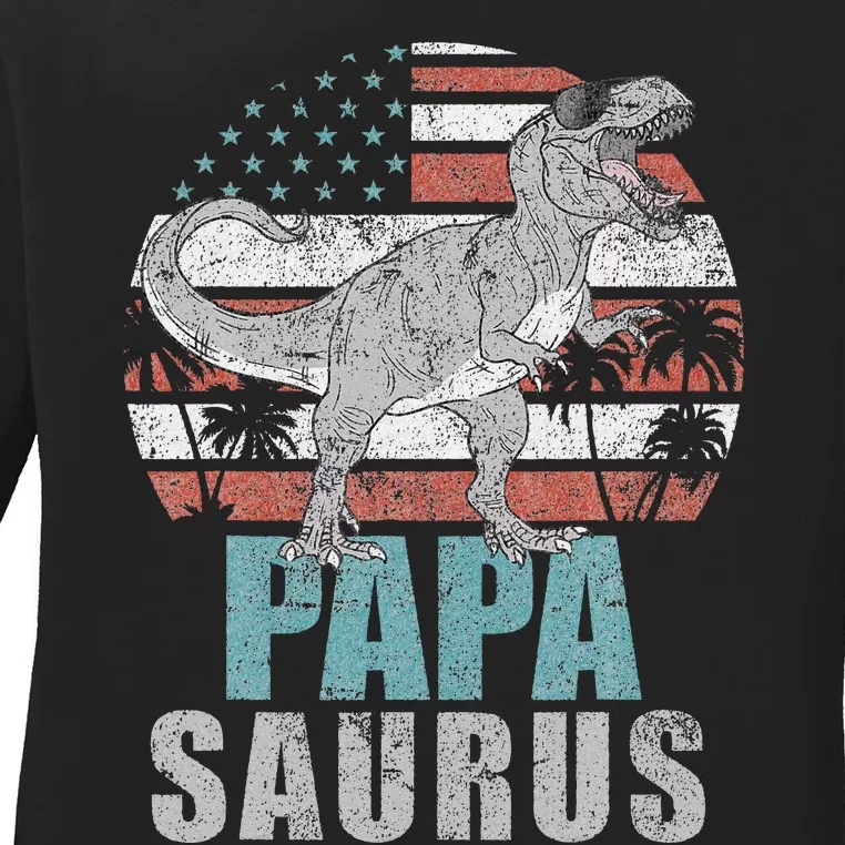 Papasaurus T Rex Dinosaur Papa Saurus American Flag Gift Ladies Long Sleeve Shirt