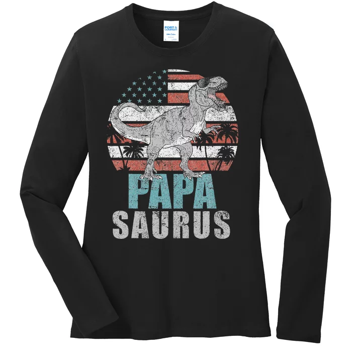 Papasaurus T Rex Dinosaur Papa Saurus American Flag Gift Ladies Long Sleeve Shirt