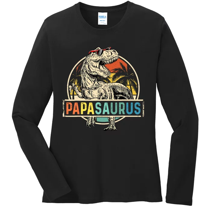 Papasaurus T Rex Papa Dinosaur Grandpa Saurus Fathers Day Ladies Long Sleeve Shirt