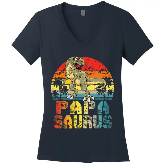 Papasaurus T Rex Dinosaur Funny Papa Saurus Family Matching Gift Women's V-Neck T-Shirt