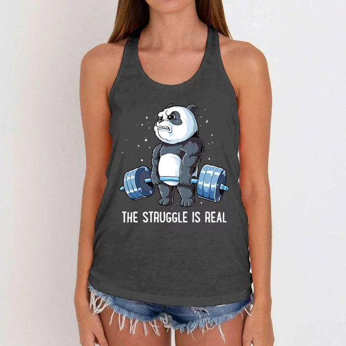 Panda The Struggle Is Real Weightlifting Fitness Gym Funny Women's Knotted Racerback Tank