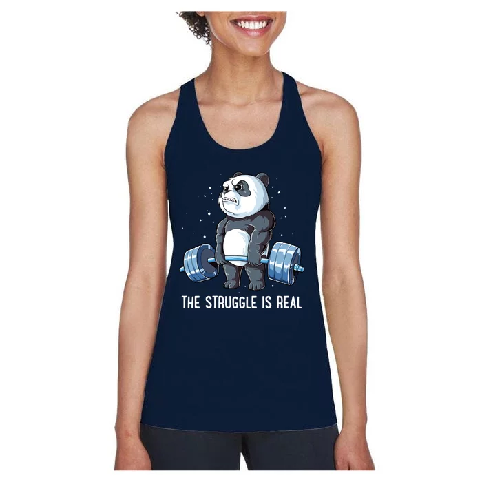 Panda The Struggle Is Real Weightlifting Fitness Gym Funny Women's Racerback Tank