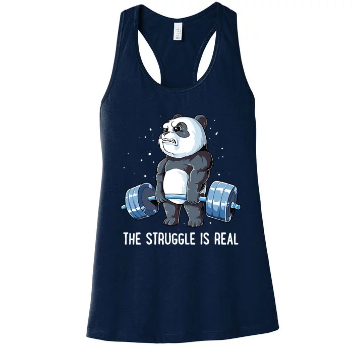 Panda The Struggle Is Real Weightlifting Fitness Gym Funny Women's Racerback Tank