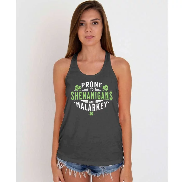 Prone To Shenanigans Malarkey Fun Clovers St Patricks Day Women's Knotted Racerback Tank