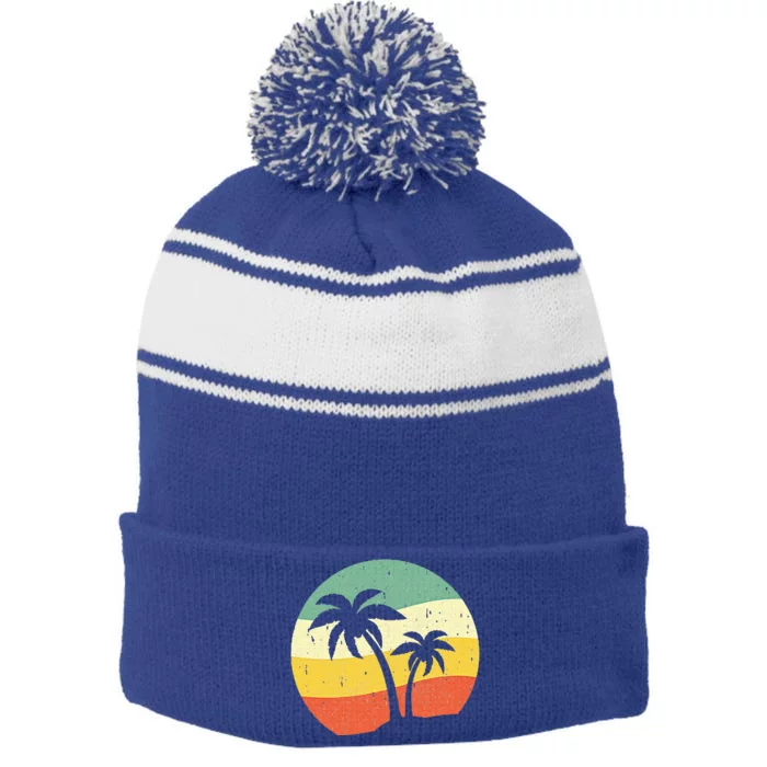 Palm Tree Summer Sunshine Summer Vacation Stripe Pom Pom Beanie