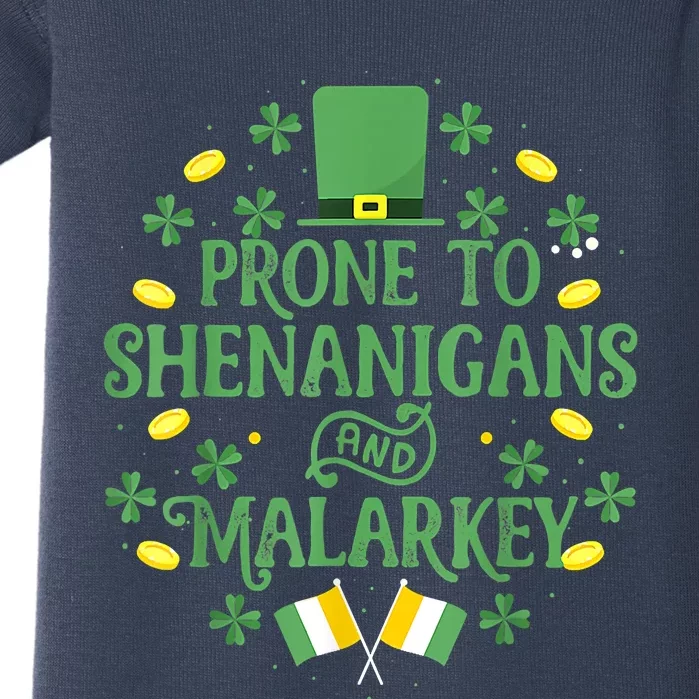 Prone To Shenanigans And Malarkey Funny St Patricks Day Baby Bodysuit