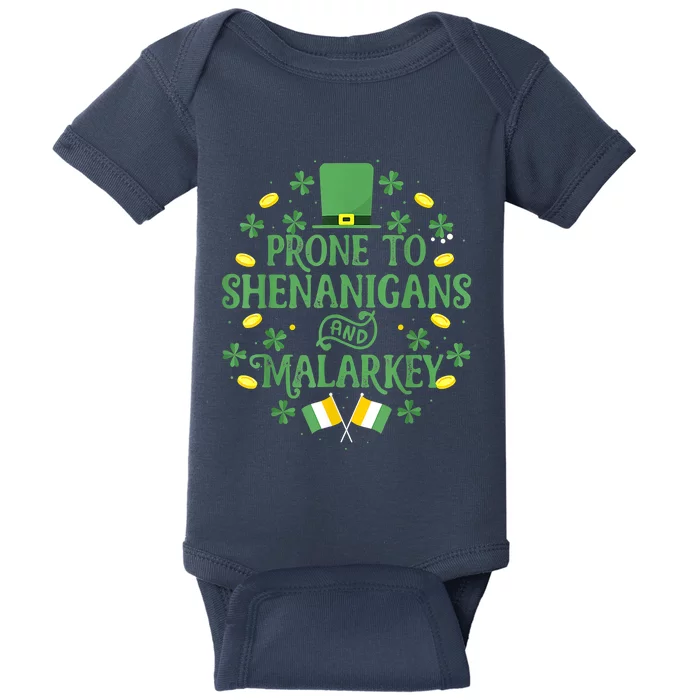 Prone To Shenanigans And Malarkey Funny St Patricks Day Baby Bodysuit