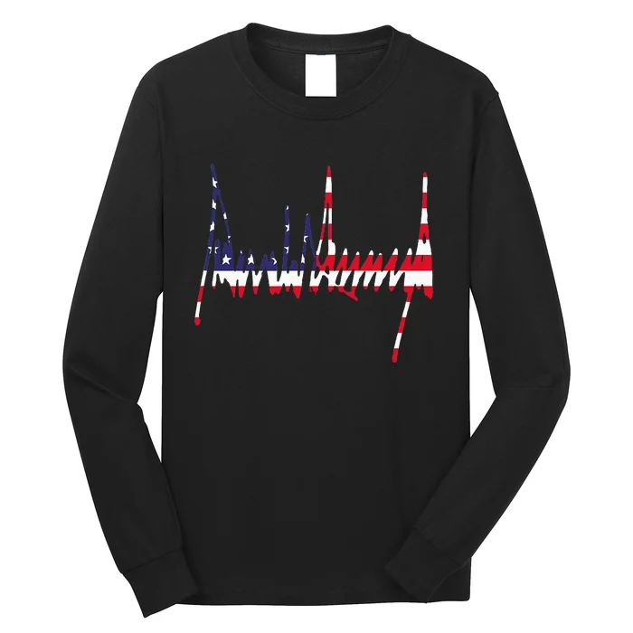 President Trump Signature Usa Flag Color Patriotic American Long Sleeve Shirt