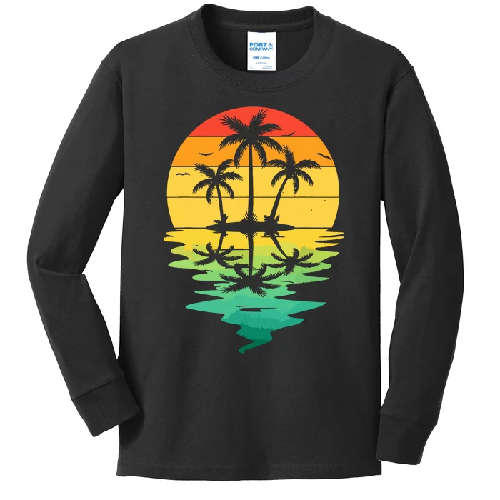 Palm Tree Silhouette Sunset Retro Vintage 70s Nature Lover Kids Long Sleeve Shirt