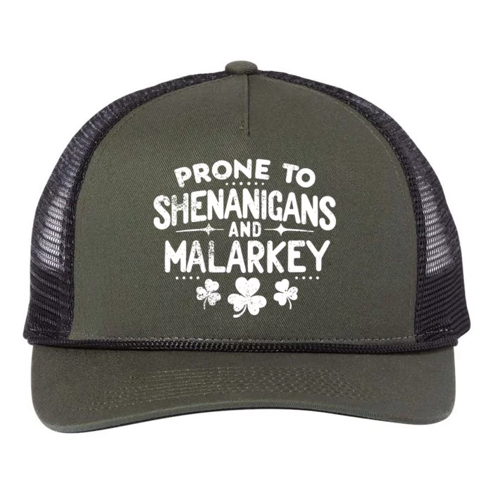 Prone To Shenanigans And Malarkey St Patricks Day Retro Rope Trucker Hat Cap