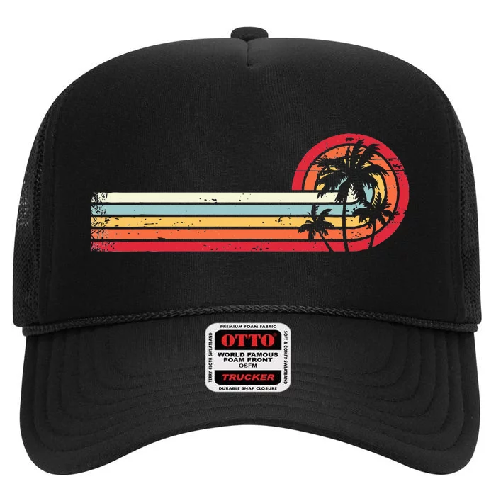 Palm Tree Tropical Beach Retro Style 70s 80s High Crown Mesh Trucker Hat