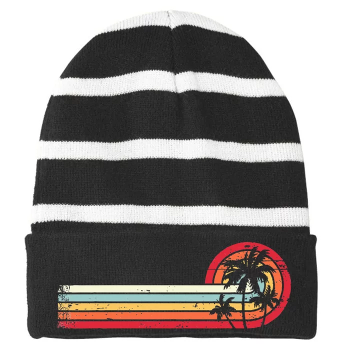 Palm Tree Tropical Beach Retro Style 70s 80s Striped Beanie with Solid Band