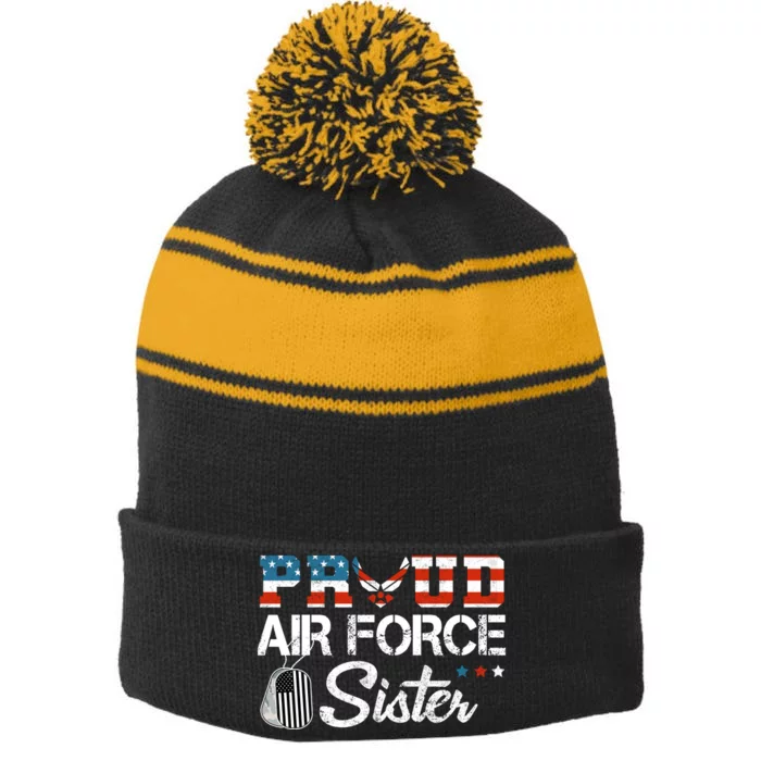 Proud US Air Force Sister Military Veteran Stripe Pom Pom Beanie