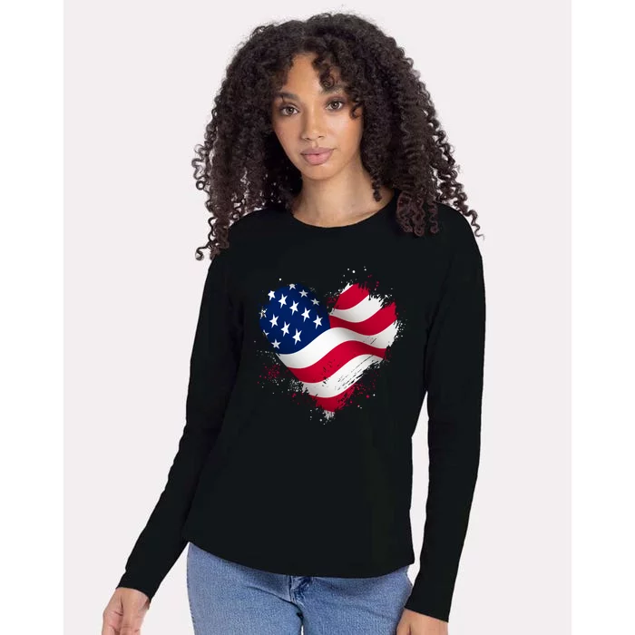 Patriotic Usa American Flag Heart Womens Cotton Relaxed Long Sleeve T-Shirt