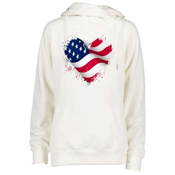 Patriotic Usa American Flag Heart Womens Funnel Neck Pullover Hood