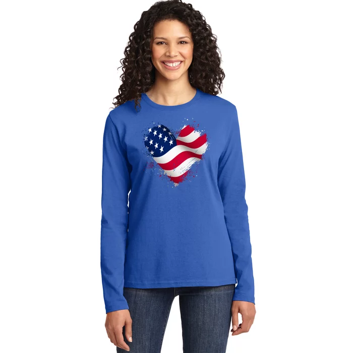 Patriotic Usa American Flag Heart Ladies Long Sleeve Shirt