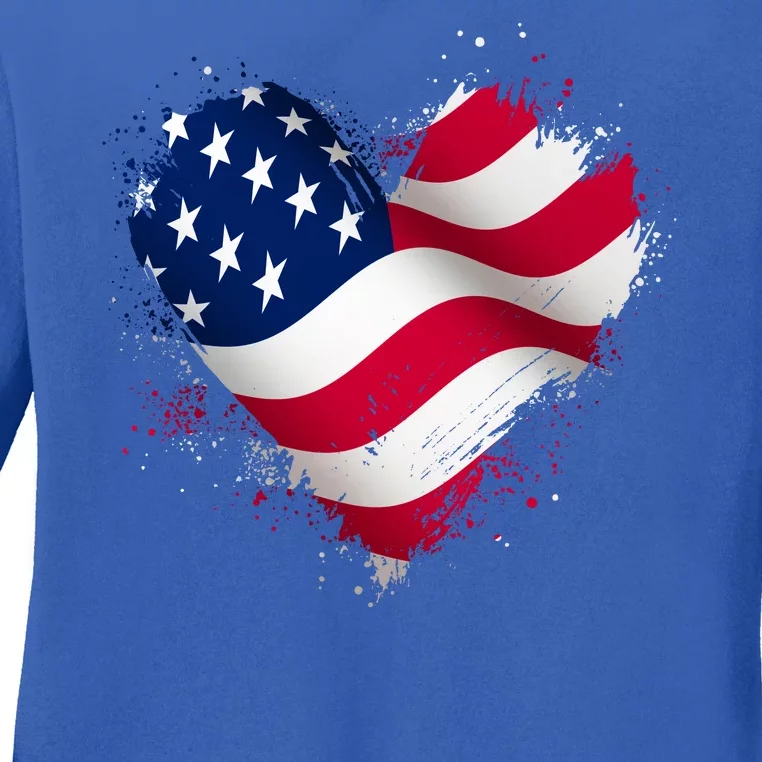 Patriotic Usa American Flag Heart Ladies Long Sleeve Shirt