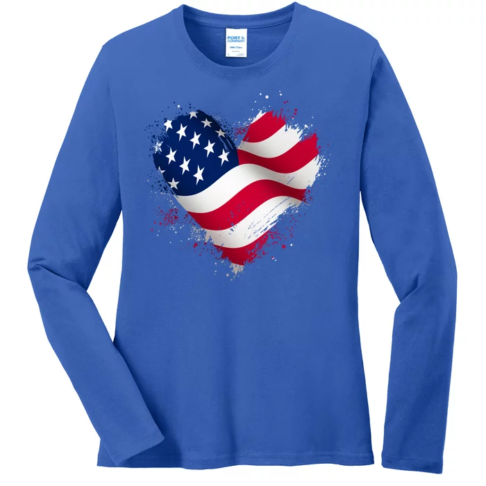 Patriotic Usa American Flag Heart Ladies Long Sleeve Shirt