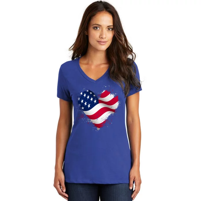 Patriotic Usa American Flag Heart Women's V-Neck T-Shirt