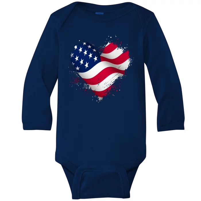 Patriotic Usa American Flag Heart Baby Long Sleeve Bodysuit