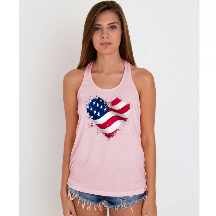 Patriotic Usa American Flag Heart Women's Knotted Racerback Tank