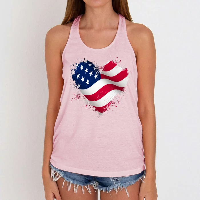 Patriotic Usa American Flag Heart Women's Knotted Racerback Tank